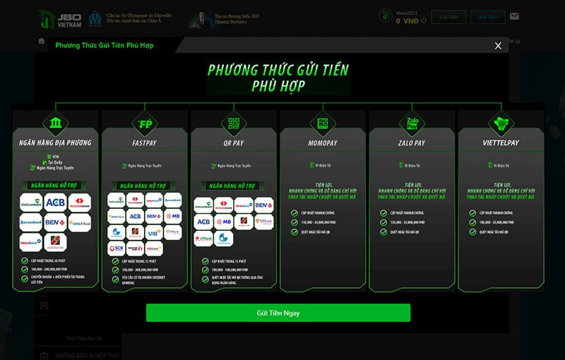 Các hình thức nạp tiền JBO
