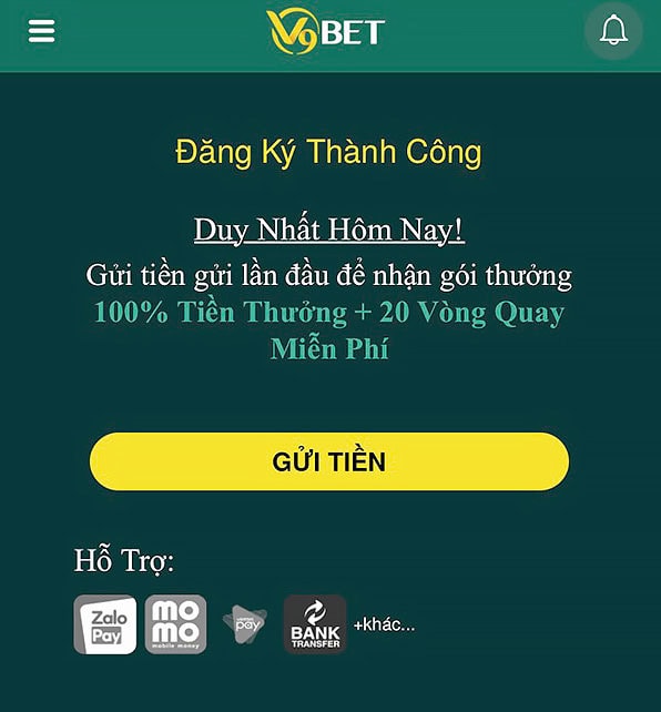 Hệ thống xác nhận đăng ký tài khoản V9BET thành công