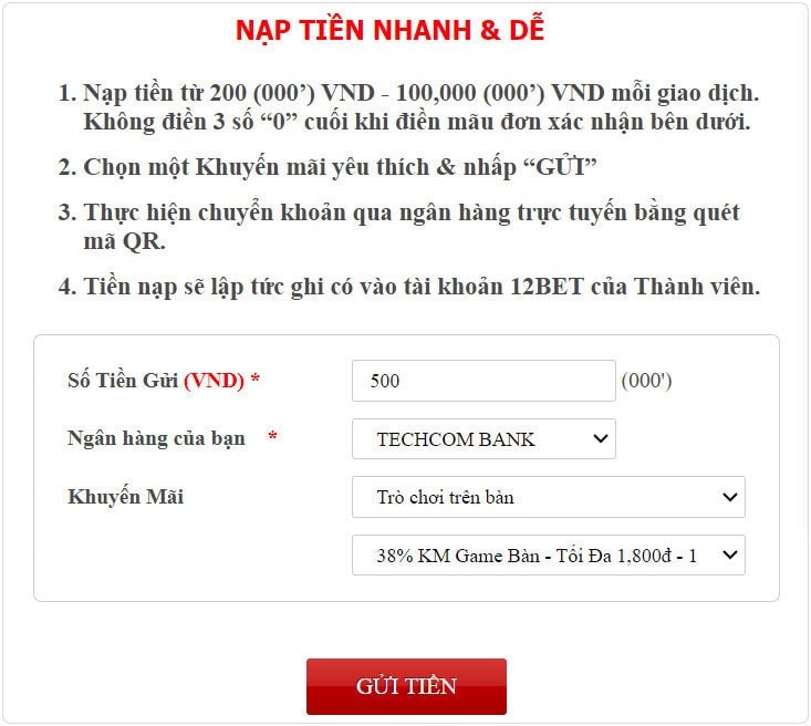 Hình thức nạp tiền 12Bet là Chuyển tiền nhanh