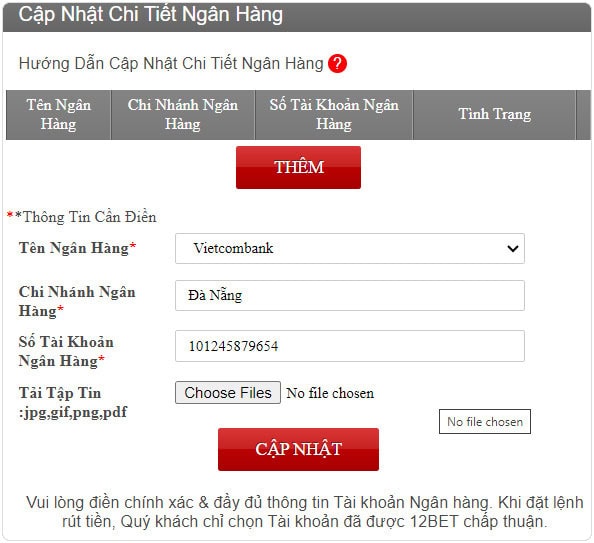 Hoàn tất thông tin tài khoản cá nhân khi gửi tiền 12Bet