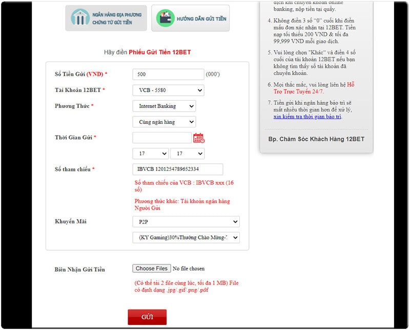 Nạp tiền 12Bet bằng chuyển khoản ngân hàng địa phương