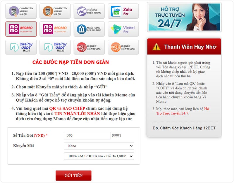 Ngoài ZaloPay, có thể nạp tiền 12BET qua ví quốc dân Momo